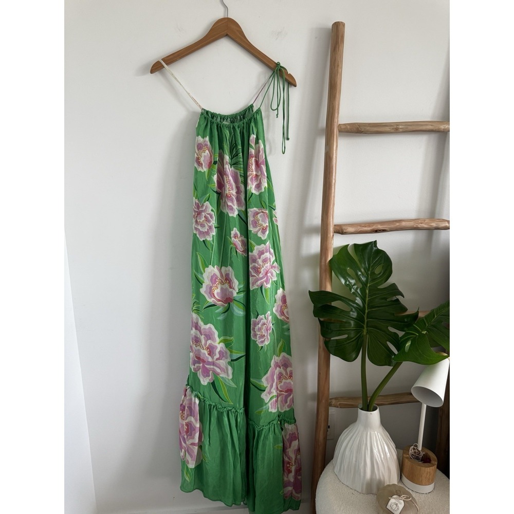 Farm Rio Dress Green Floral Vibing Maxi One Shoulder Silky Viscose fabric XL - Picture 7 of 10